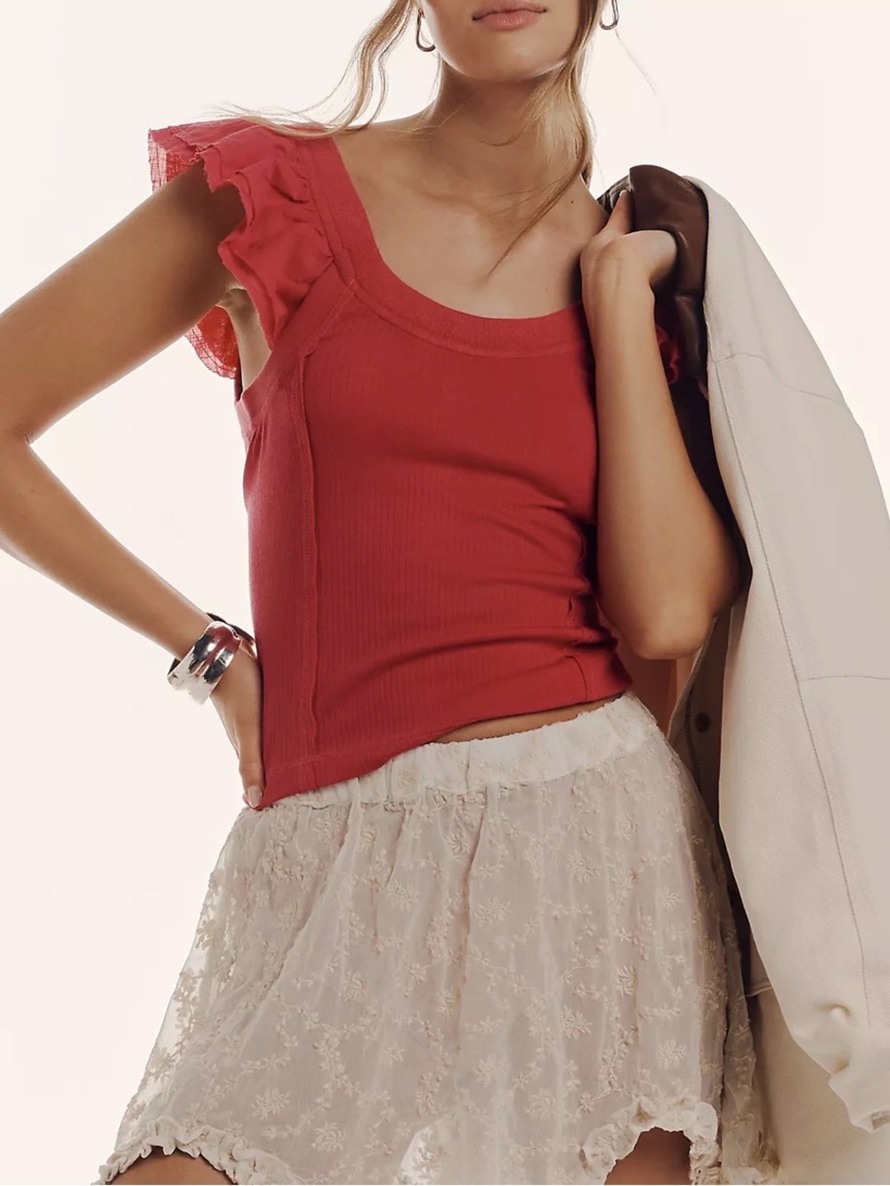 Anthropologie Pilcro Flutter Sleeve Ribbed Tank Hot Pink Fitted Summer Staple